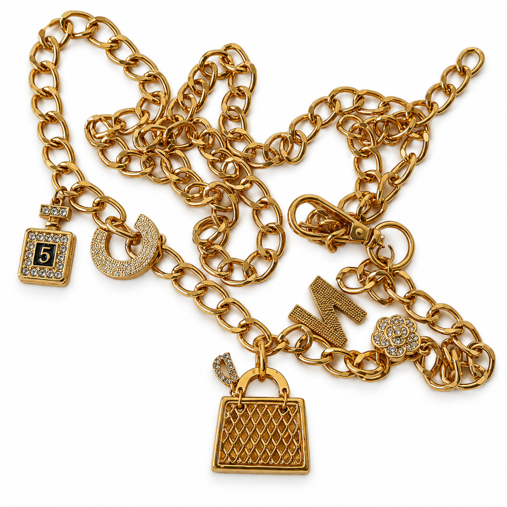 Gold Tone Chain Charm Necklace Handbag Flower Crescent Fashion Jewelry
